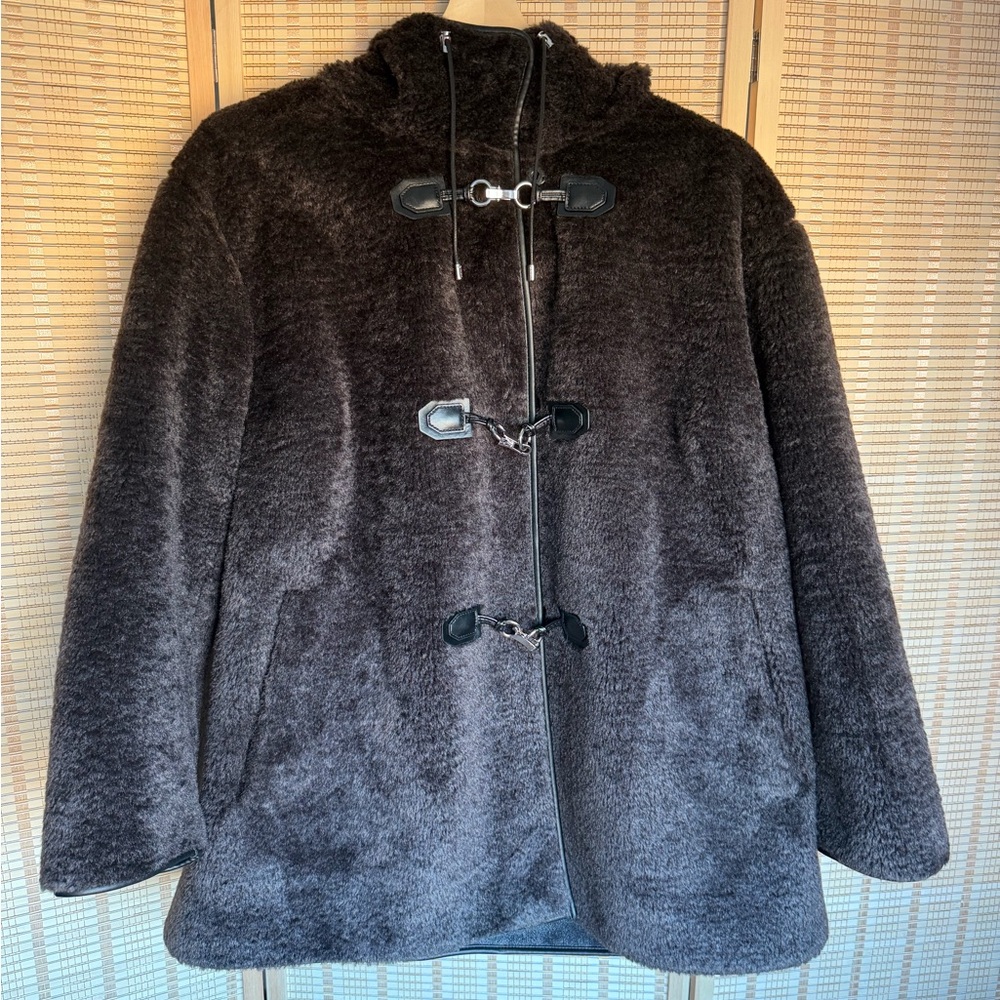 NWOT - DKNY Women's Plus Size Dark Brown Teddy Hooded Toggle Coat 2X